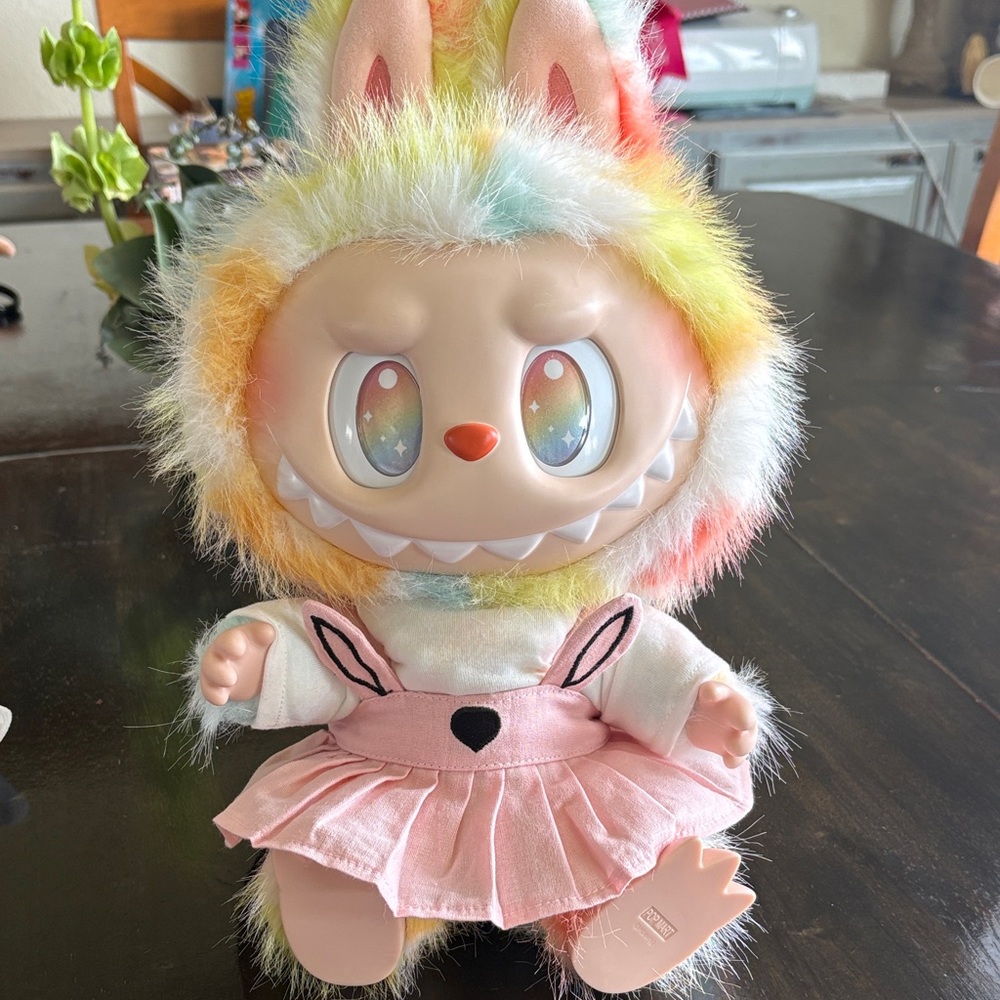 Rainbow Furry Bunny Doll with Pink Dress-authentic Labubu box not available